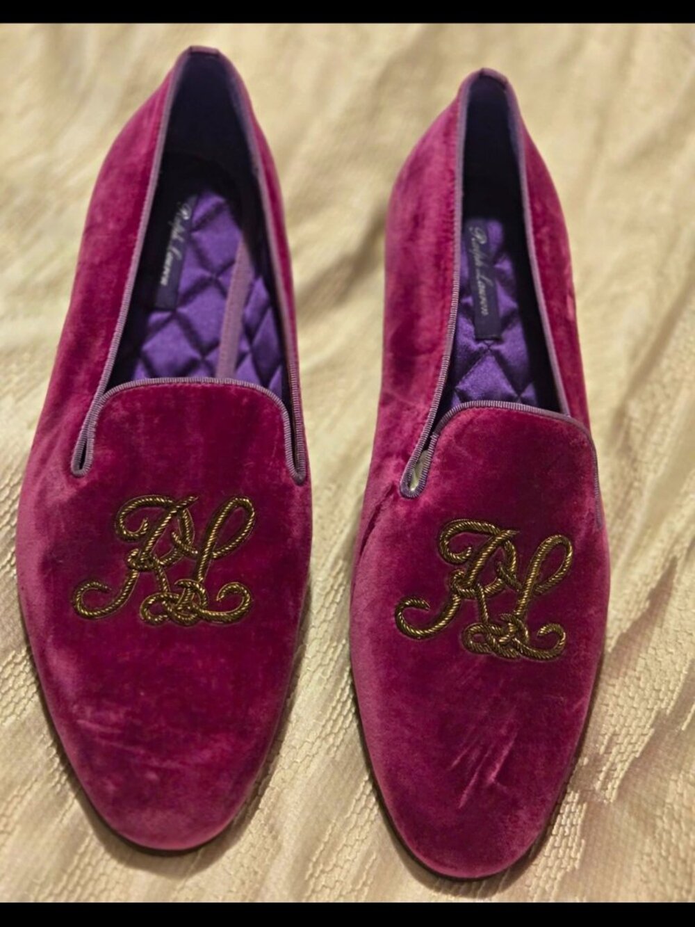 Ralph Lauren Purple Velvet Loafer Flats Slip-On Embroidered Logo US